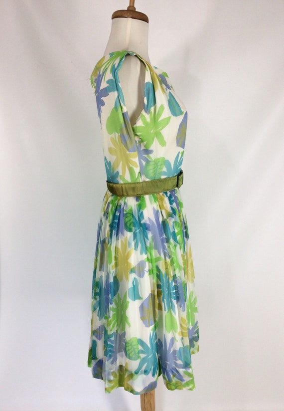 50s Floral Party Dress. Blue Yellow Green Chiffon… - image 7