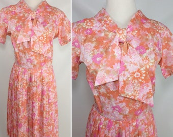 50s Toni Todd Pink & Orange Floral Easter Dress 60s Spring Summer Flower Ascot Dress w/ Pleated Skirt. size M 8 10