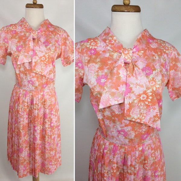 50s Toni Todd Pink & Orange Floral Easter Dress 60s Spring Summer Flower Ascot Dress w/ Pleated Skirt. size M 8 10