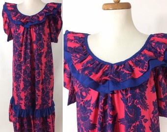 70s 80s Hilo Hattie Pink and Blue Floral Hawaiian Flower Ruffle Dress 8 M