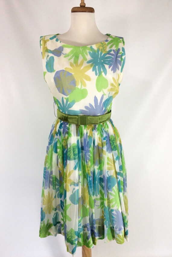 50s Floral Party Dress. Blue Yellow Green Chiffon… - image 2