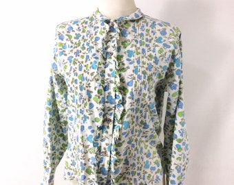 50s 60s Laura Mae Life Blouse. Spring Floral Blueberries Ruffle Top XS 2 3 4