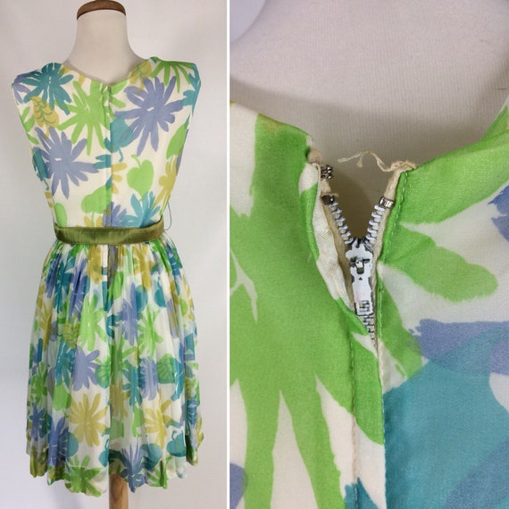 50s Floral Party Dress. Blue Yellow Green Chiffon… - image 9