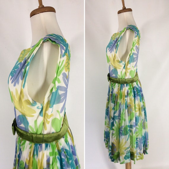 50s Floral Party Dress. Blue Yellow Green Chiffon… - image 6