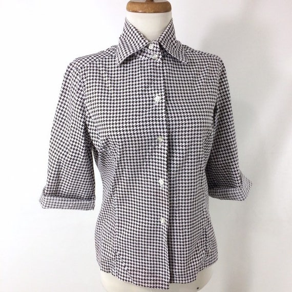 50s 60s Black and White Houndstooth Blouse. HIgh … - image 1