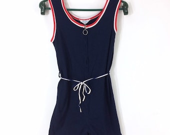 60s 70s Miss Holly One Piece Navy Blue Swimsuit or Gym Suit Swim Shorts Nylon Bathing Suit M L