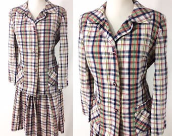 70s Trade Winds Tailorbrooke Plaid Seersucker Spring Summer Skirt Suit Blazer Set XS S