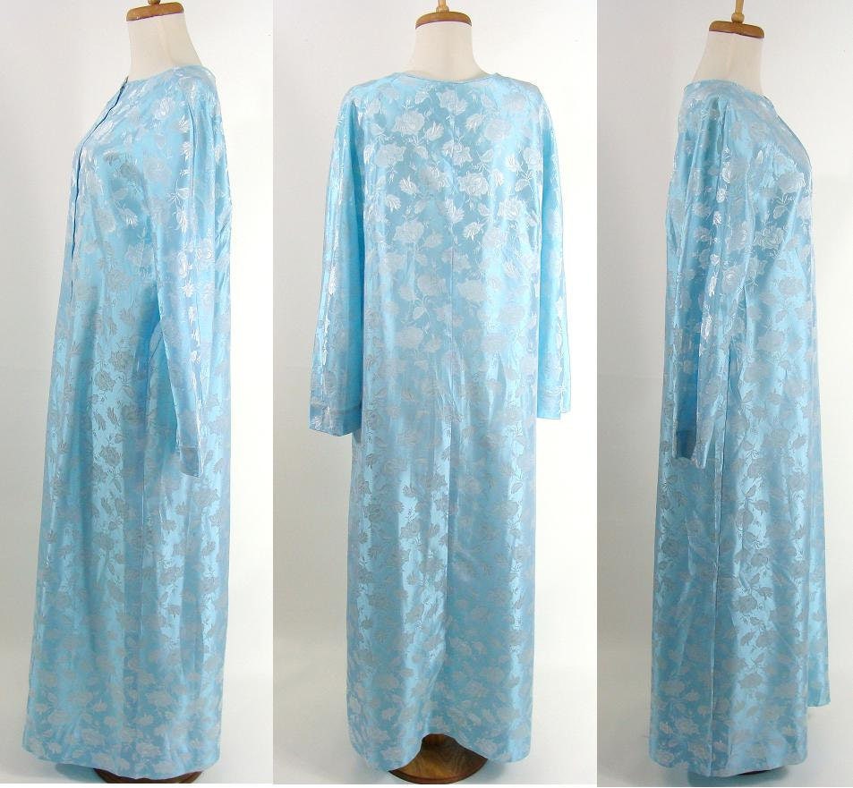 50s Blue Brocade Satin Hostess Dressing Gown House Coat Robe Dress 60s ...