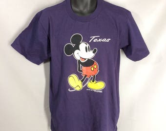 70s TEXAS Mickey Mouse T-shirt Retro 80s Adult Unisex Velva Sheen Size L XL