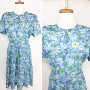 50s Blue Green Floral Spring Summer Day Dress Lightweight Short Sleeve Pleated Skirt. size  M 8 10