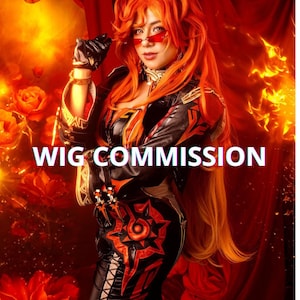 May include: A person in a cosplay outfit with a long, fiery red wig and matching red sunglasses. The outfit is black with red accents and gold trim. The text "WIG COMMISSION" is displayed across the image.