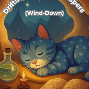 Puede incluir: Ilustraci&oacute;n de un gato azul durmiendo con lunares blancos, acurrucado sobre un coj&iacute;n amarillo. Una vela encendida, una botella de poci&oacute;n y un libro abierto con s&iacute;mbolos est&aacute;n en primer plano. El texto "Drifting with the Whispers (Wind-Down)" est&aacute; en la parte superior.