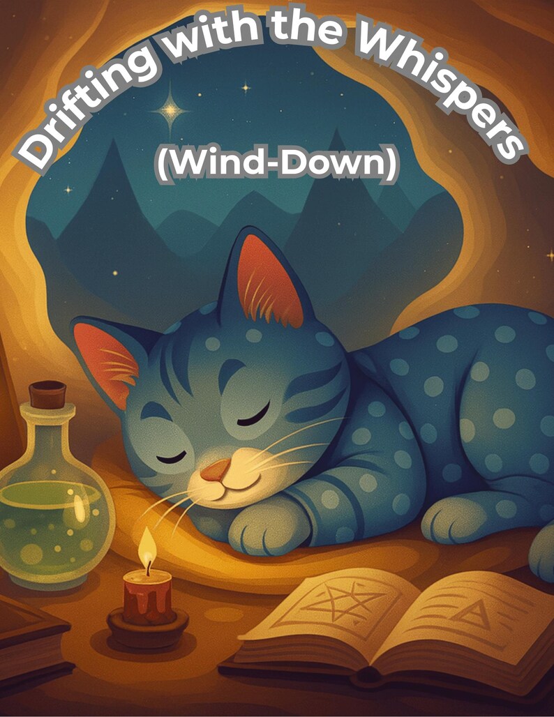 Puede incluir: Ilustraci&oacute;n de un gato azul durmiendo con lunares blancos, acurrucado sobre un coj&iacute;n amarillo. Una vela encendida, una botella de poci&oacute;n y un libro abierto con s&iacute;mbolos est&aacute;n en primer plano. El texto "Drifting with the Whispers (Wind-Down)" est&aacute; en la parte superior.