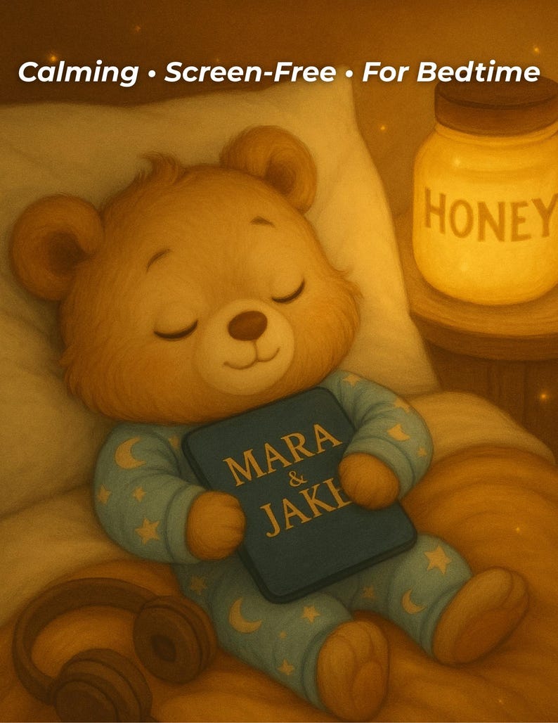 Puede incluir: Un oso de dibujos animados con pijama azul con patrones de luna y estrellas, sosteniendo un libro que dice "Mara & Jake". Un tarro de miel est&aacute; en una mesita de noche. La imagen tiene el texto "Calming &bull; Screen-Free &bull; For Bedtime."