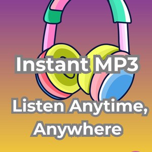 Puede incluir: Ilustraci&oacute;n de auriculares coloridos con el texto "Instant MP3" y "Listen Anytime, Anywhere" sobre un fondo degradado. Los auriculares son rosas, azules, amarillos y verdes.