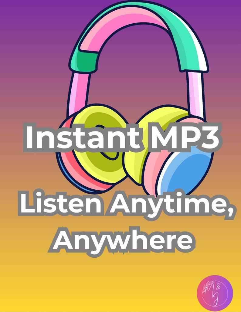 Puede incluir: Ilustraci&oacute;n de auriculares coloridos con el texto "Instant MP3" y "Listen Anytime, Anywhere" sobre un fondo degradado. Los auriculares son rosas, azules, amarillos y verdes.