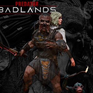 May include: A digital artwork featuring characters from "Predator: Badlands." The central figure is a Predator with a detailed, textured appearance, holding a glowing red blade. A woman with blonde hair stands behind the Predator. A small creature holds a torch.