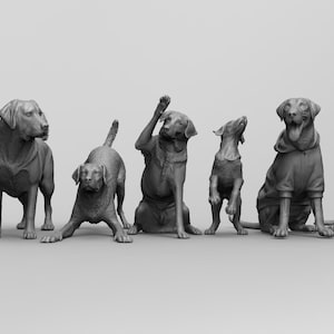 May include: A grayscale image featuring seven Labrador Retriever dog sculptures in various poses. The dogs are in different positions, including standing, sitting, and lying down. The sculptures are detailed and realistic, with a smooth finish.