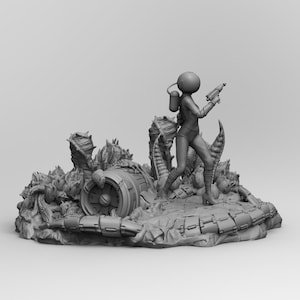 Peut inclure: Figurine grise d'un personnage en combinaison spatiale tenant un pistolet laser, debout sur une base texturée détaillée avec ce qui semble être un vaisseau spatial écrasé. La figurine est dans une pose dynamique, suggérant l'action.