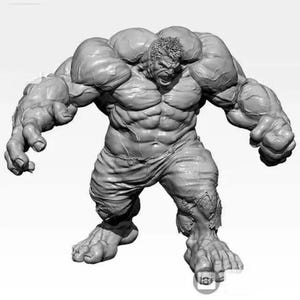 May include: A grayscale sculpture of the Hulk, a muscular superhero, in a dynamic pose. The figure has a detailed physique, with prominent muscles and a fierce facial expression. He is wearing torn pants. The sculpture is set against a plain white background.