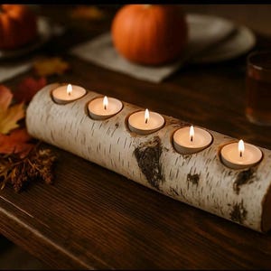May include: A birch log candle holder with five lit tea light candles. The natural wood has a light, textured bark. The scene includes pumpkins, fall leaves, and a glass of amber liquid, suggesting a cozy autumn theme.