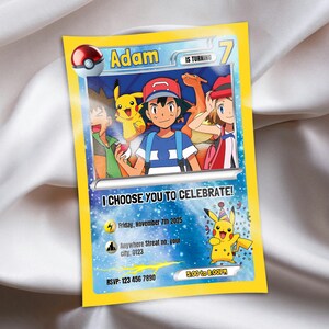 May include: A yellow birthday invitation card featuring cartoon characters. The card reads "Adam" and "I CHOOSE YOU TO CELEBRATE!" with event details. A red and white Pok&eacute; Ball is at the top left.