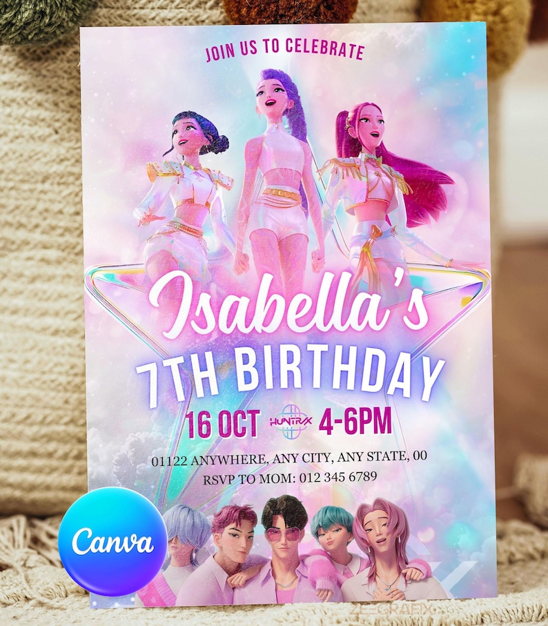 Kpop Demon Hunters Birthday Invitation with a real paper texture and look