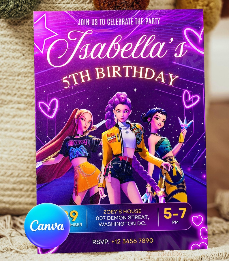 Kpop Demon Hunters Birthday Invitation Editable Canva Template