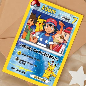 May include: A yellow birthday invitation card featuring cartoon characters and the text "Adam is turning 7". The card includes the phrase "I choose you to celebrate!" and event details.