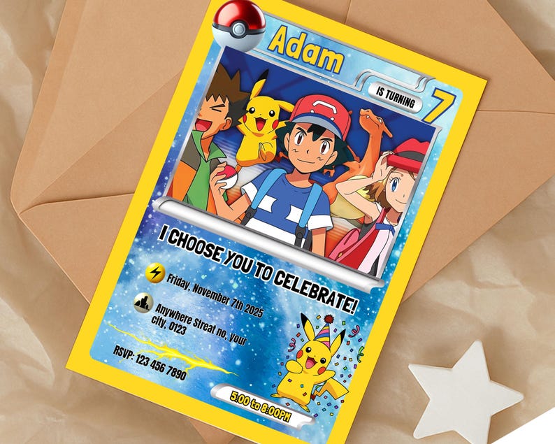 May include: A yellow birthday invitation card featuring cartoon characters and the text "Adam is turning 7". The card includes the phrase "I choose you to celebrate!" and event details.