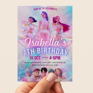 May include: A birthday invitation with a vibrant design. The invitation features three animated figures and the text "Isabella's 7th Birthday." Additional text includes the date, time, and RSVP information. The color scheme is predominantly pink, purple, and blue.