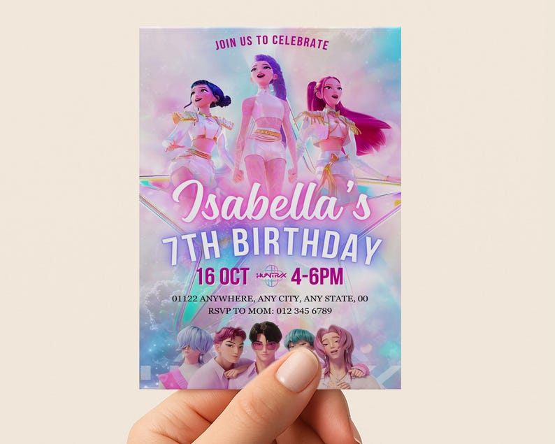May include: A birthday invitation with a vibrant design. The invitation features three animated figures and the text "Isabella's 7th Birthday." Additional text includes the date, time, and RSVP information. The color scheme is predominantly pink, purple, and blue.
