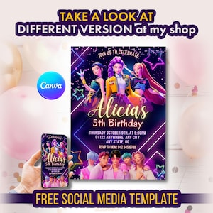 Kpop Demon Hunters Birthday Invitation, different version, free social media template, canva template