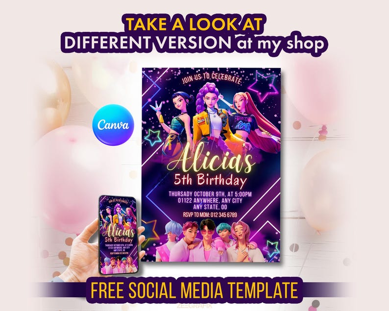 Kpop Demon Hunters Birthday Invitation, different version, free social media template, canva template