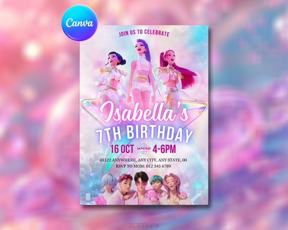 Kpop Demon Hunters Birthday Invitation - Editable Canva Template - Huntrix pink White - Printable Birthday Party Invite Digital Download