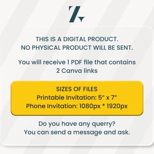 May include: Digital product image with text. The text states: "THIS IS A DIGITAL PRODUCT. NO PHYSICAL PRODUCT WILL BE SENT." It includes file sizes for a printable invitation (5" x 7") and a phone invitation (1080px * 1920px).