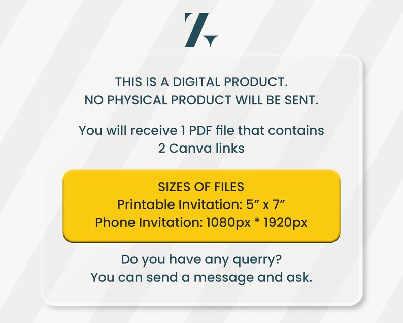 May include: Digital product image with text. The text states: "THIS IS A DIGITAL PRODUCT. NO PHYSICAL PRODUCT WILL BE SENT." It includes file sizes for a printable invitation (5" x 7") and a phone invitation (1080px * 1920px).