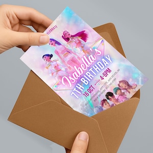 May include: A birthday invitation card with the text "Isabella's 7th Birthday" in a star-shaped design. The card features illustrations of animated characters and is held inside a brown envelope. The invitation includes the date, time, and RSVP information.