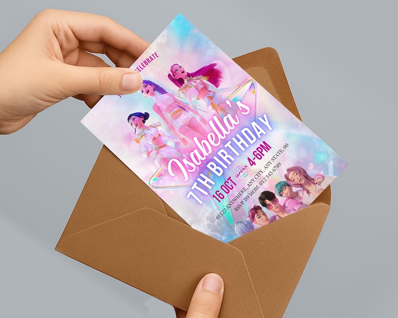May include: A birthday invitation card with the text "Isabella's 7th Birthday" in a star-shaped design. The card features illustrations of animated characters and is held inside a brown envelope. The invitation includes the date, time, and RSVP information.
