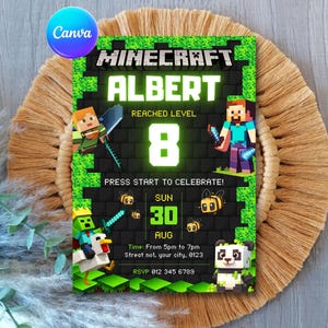 May include: A Minecraft-themed birthday invitation with a green pixelated border. The invitation features the name "ALBERT" and the number "8" in large, bright green text. It includes Minecraft character illustrations and the date "30 AUG".
