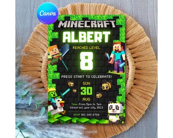 Minecraft Editable Birthday Canva Invitation Template | Minecraft Birthday Invite Template | Minecraft Birthday Invitation Instant Download