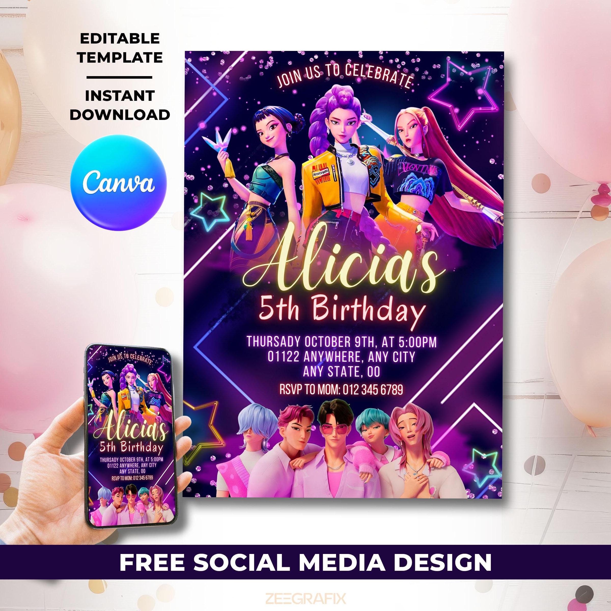 KPOP Demon Hunters Birthday Invitation, Editable Canva Template
