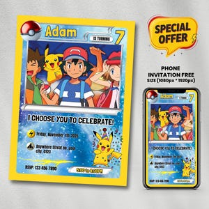 May include: A yellow birthday invitation card featuring cartoon characters and the text "Adam is turning 7". The card includes the phrase "I Choose You to Celebrate!" and event details. A phone displays the same design.