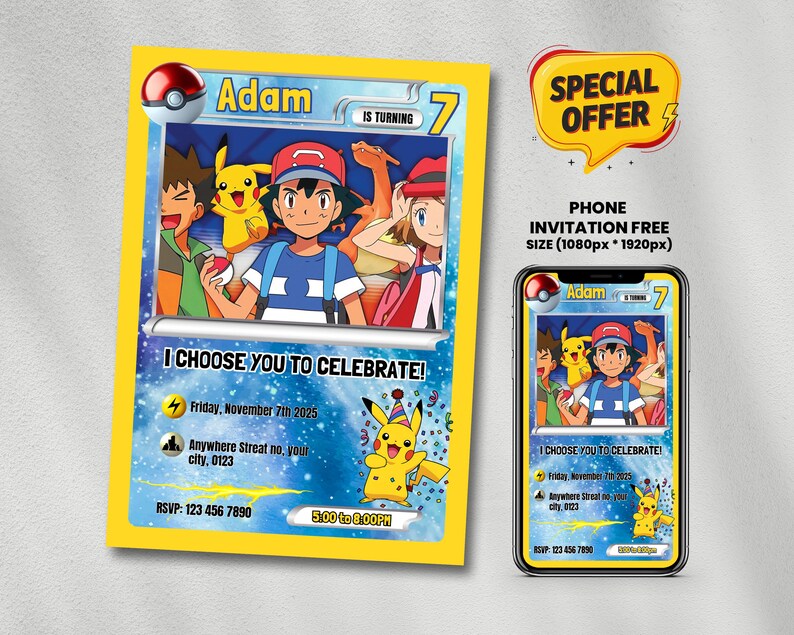 May include: A yellow birthday invitation card featuring cartoon characters and the text "Adam is turning 7". The card includes the phrase "I Choose You to Celebrate!" and event details. A phone displays the same design.