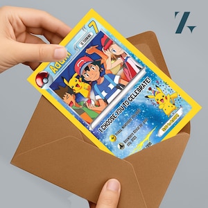 May include: A yellow invitation card featuring cartoon characters and the text "I CHOOSE YOU TO CELEBRATE!" is held in a brown envelope. The card includes event details and a Pikachu illustration. The card is approximately 4 inches wide and 6 inches tall.