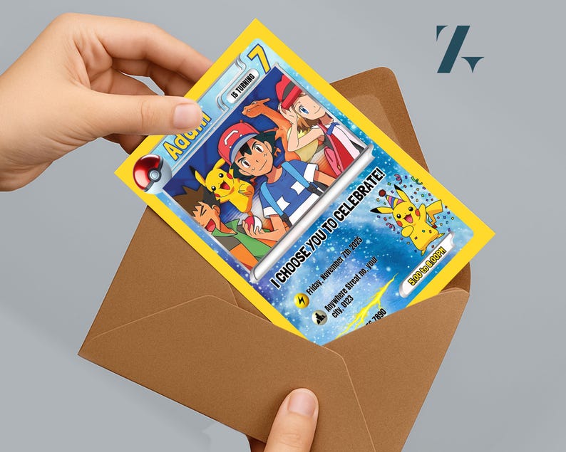 May include: A yellow invitation card featuring cartoon characters and the text "I CHOOSE YOU TO CELEBRATE!" is held in a brown envelope. The card includes event details and a Pikachu illustration. The card is approximately 4 inches wide and 6 inches tall.