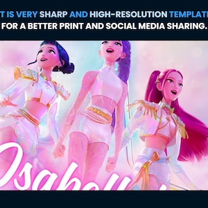 May include: Digital illustration of three animated female figures in white and gold attire. The image has a pink and purple colour scheme with the name "Isabella" in cursive at the bottom. Text at the top reads "IT IS VERY SHARP AND HIGH-RESOLUTION TEMPLATE FOR A BETTER PRINT AND SOCIAL MEDIA SHARING."