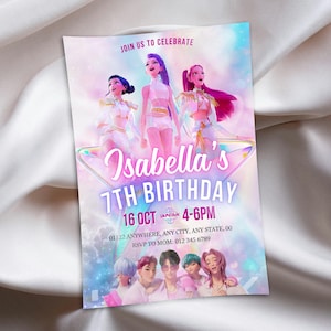 May include: A party invitation with a vibrant design. The invitation features illustrations of animated characters and the text "Isabella's 7th Birthday" with date and time details. The background has a soft, pastel colour scheme.