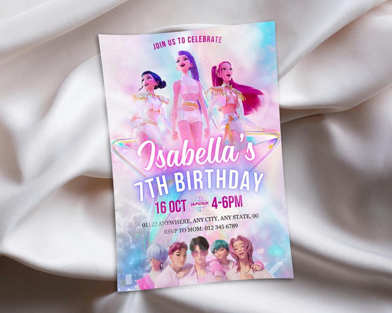 May include: A party invitation with a vibrant design. The invitation features illustrations of animated characters and the text "Isabella's 7th Birthday" with date and time details. The background has a soft, pastel colour scheme.