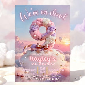Pastel 9th Birthday Invitation: Cloud Nine Party invite, Editable Canva Template (Digital Download)